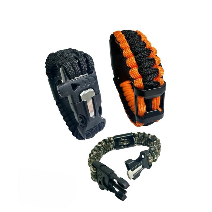 PULSERA SUPERVIVENCIA CON PEDERNAL, SILBATO y ABREBOTELLAS